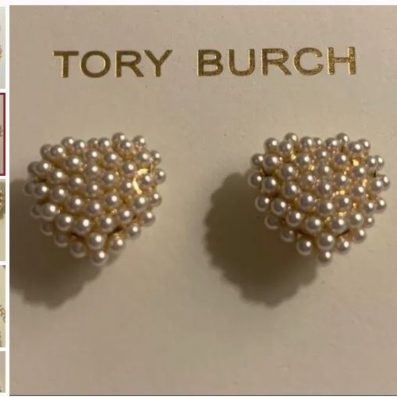14K Tory Burch Pearl Heart Studs w Dustbag - Picture 2 of 7